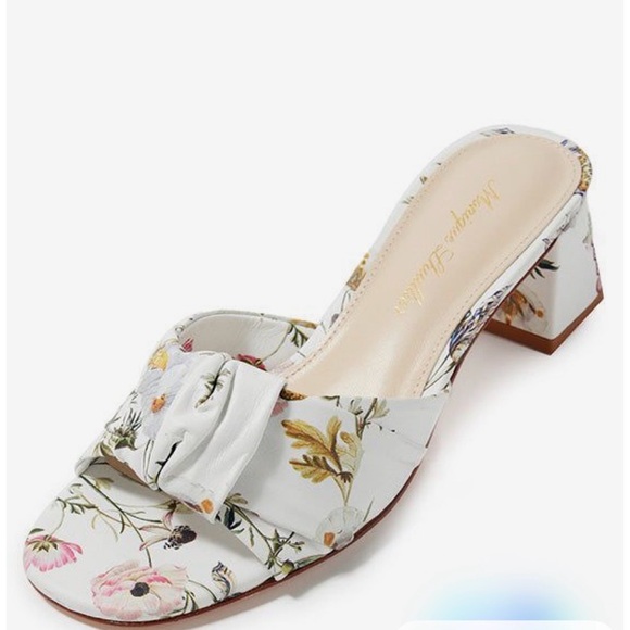 Monique Lhuillier Dylan botanical floral mules heels Tuileries pattern sandals